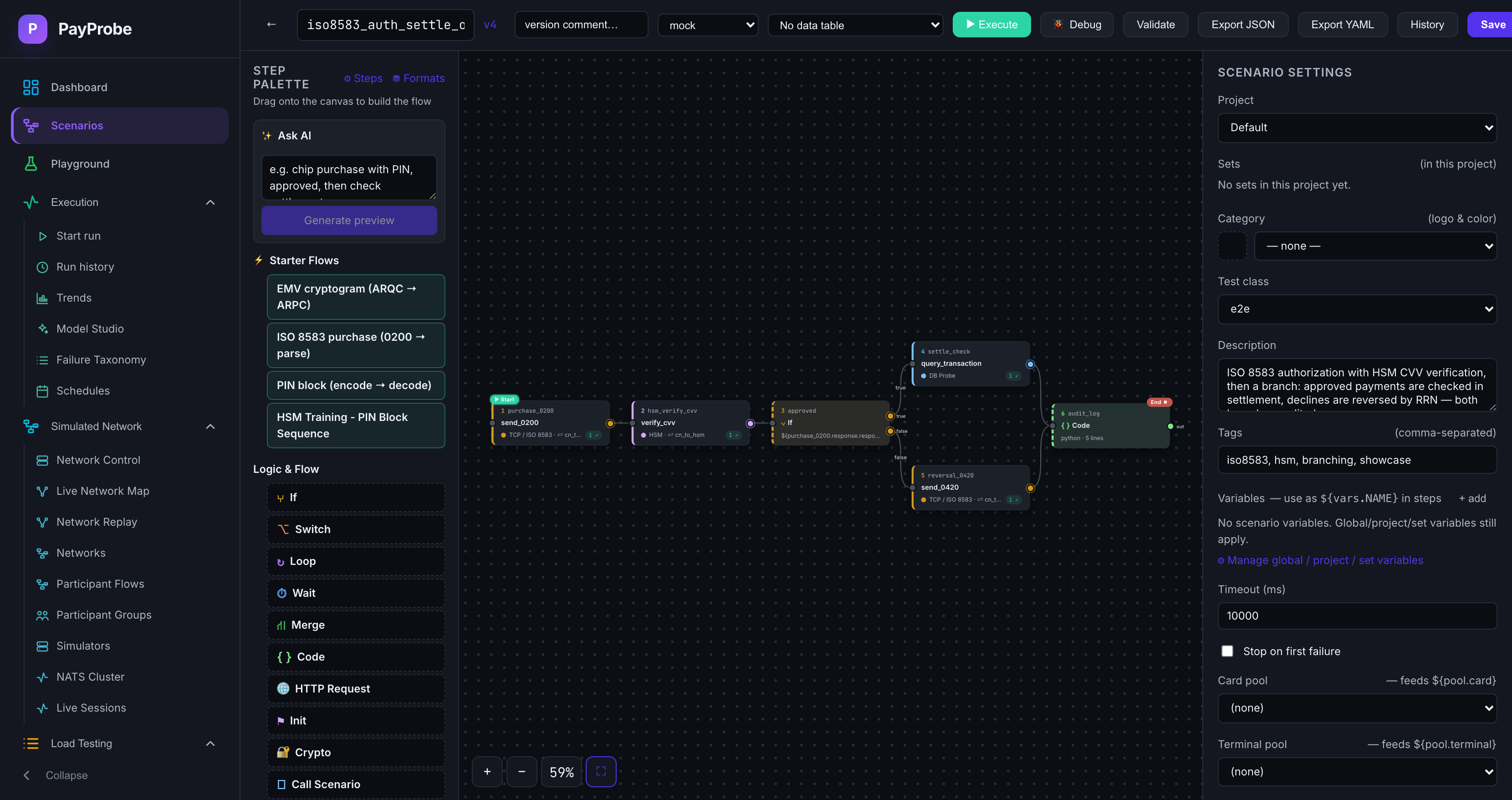 Scenario constructor canvas showing a multi-step ISO 8583 flow with branching